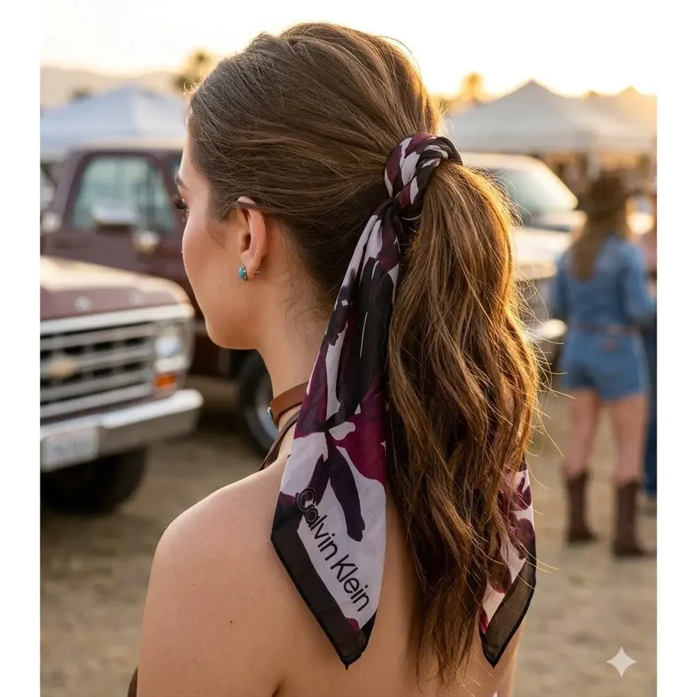 Calvin Klein Floral Chiffon Wrap Scarf Black Burgundy Festival Rodeo Hair Scarf